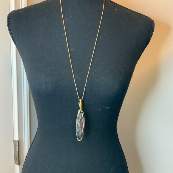 Rainbow Quartz Crystal Gold Tone Wire Wrapped Pendant Long Chain Necklace - Picture 3 of 7